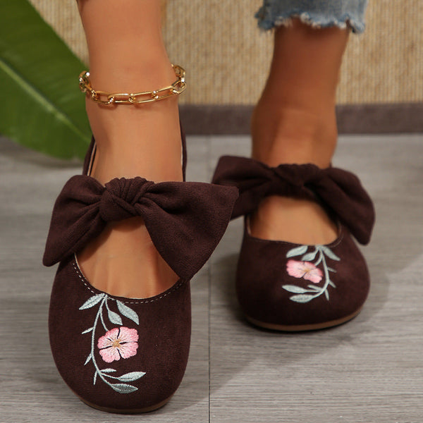 New Embroidered Bow Flat Mary Jane Shoes