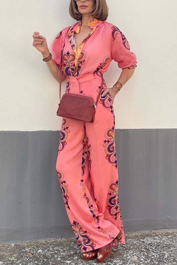 Women's casual retro print two-piece set