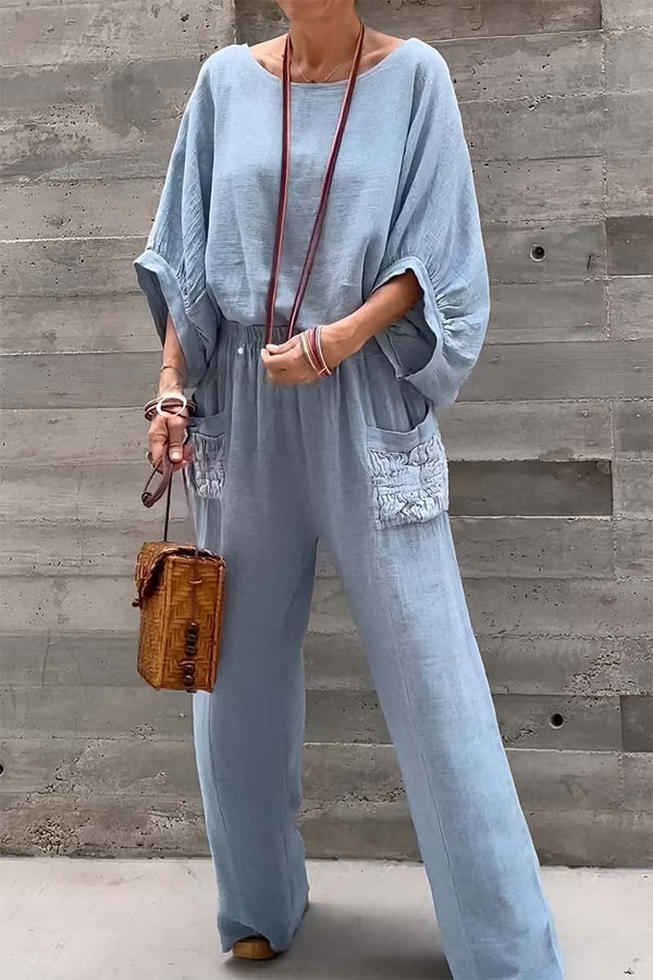 Women's casual bat sleeve top and pants cotton and linen two-piece set