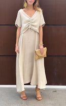 Women's V-neck Solid Color Cotton and Linen Two-piece Suit