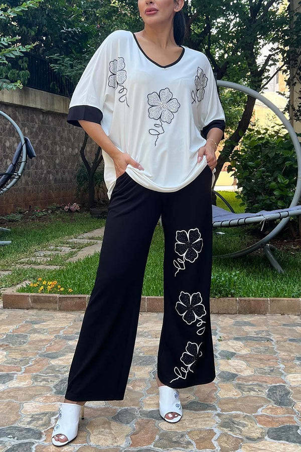 Women's Casual Diamond Embellished Printed Pants Two-Piece Set