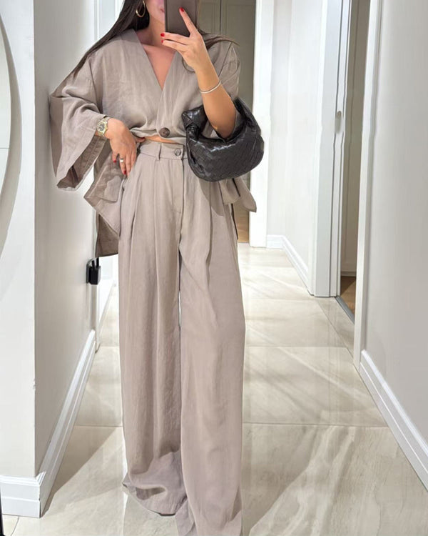 Casual V-Neck Top & Pants Two-Piece Set