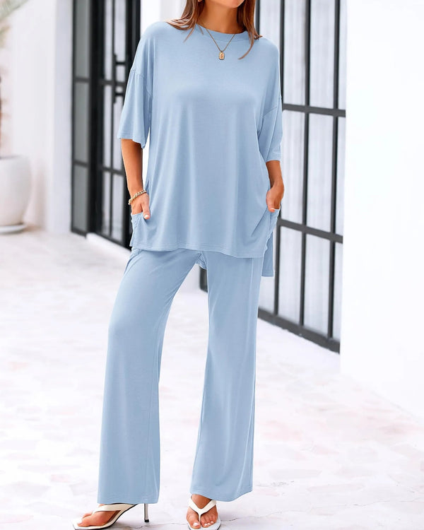 Casual 2-Piece Loose-Fit Short Sleeve Top & Wide-Leg Pants Set with Pockets
