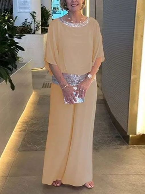 NEW🔥 Women's Round Neck Sequins Color Clash Bat Shirt Wide Leg Pants Set