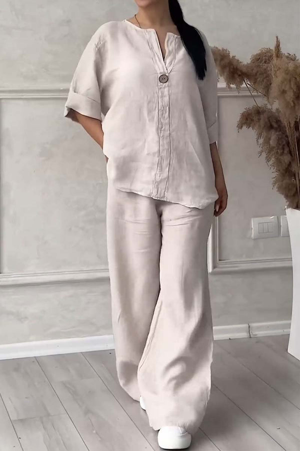 Women Casual button decorated cotton and linen two-piece set