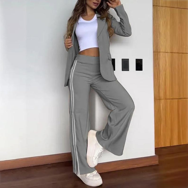 Women's Casual Notched Lapel Blazer and Wide-leg Pants Set